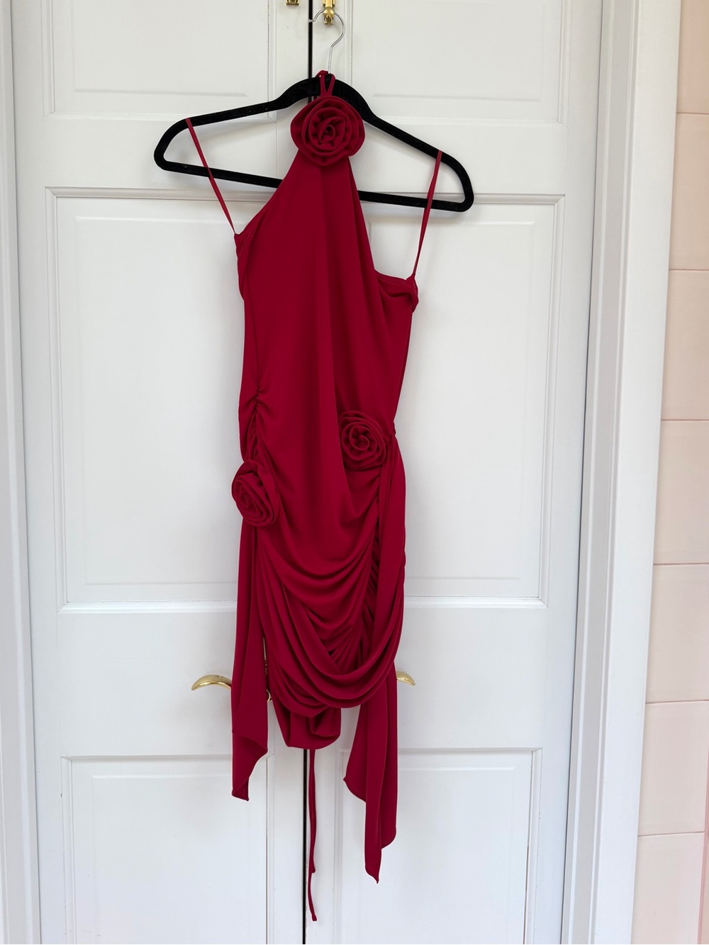 JLUXLABEL Red Halter Rosette Draped Dress